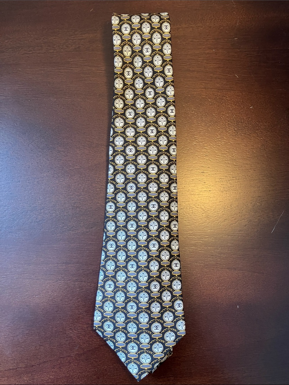 Like new! Chanel Paris silk tie made in Italy compass pattern black and gold